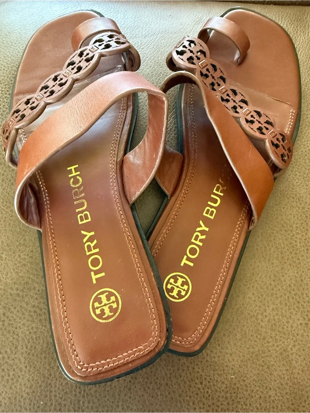 Tory Burch Tiny Miller leather toe-ring slides in tan/ brown color